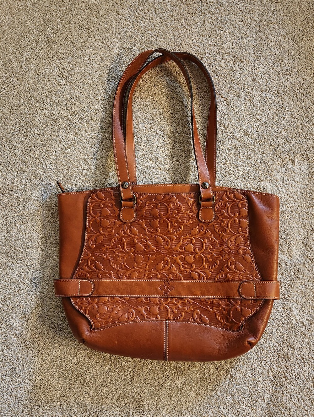 Patricia Nash Varsi Large Leather Embossed Hand Tooled Tote Bag Like New Cocgnac